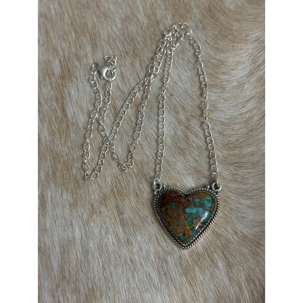 Native American Sterling Silver SW Catalina Turquoise Heart Necklace 925 - Picture 11 of 11